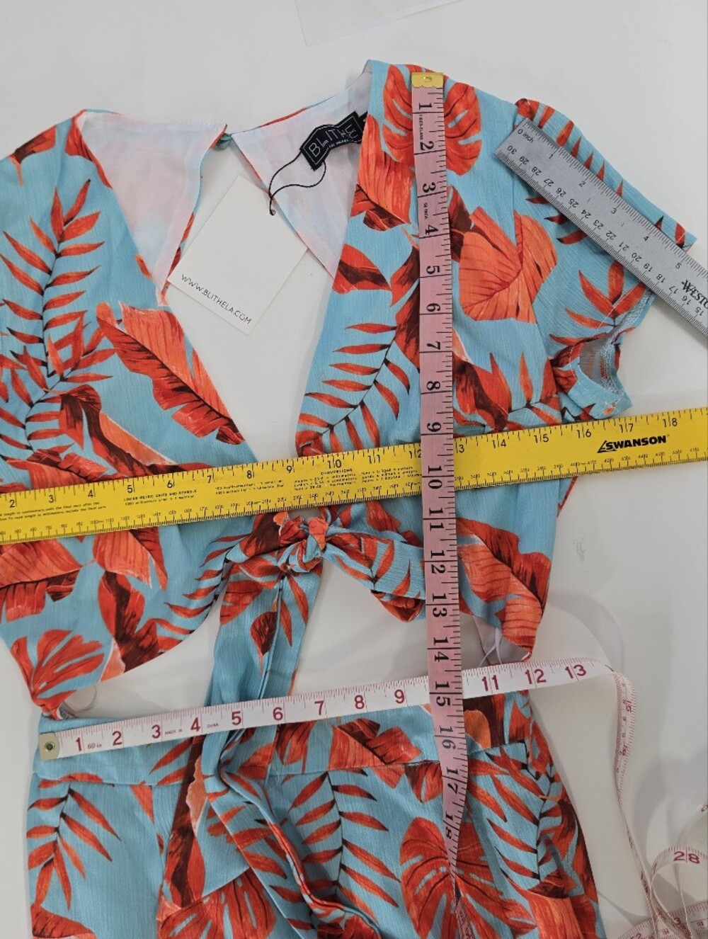 Blithe Blue Orange Leaf Print High Slit Maxi Dress Attached Shorts Romper Sz M - Picture 13 of 17